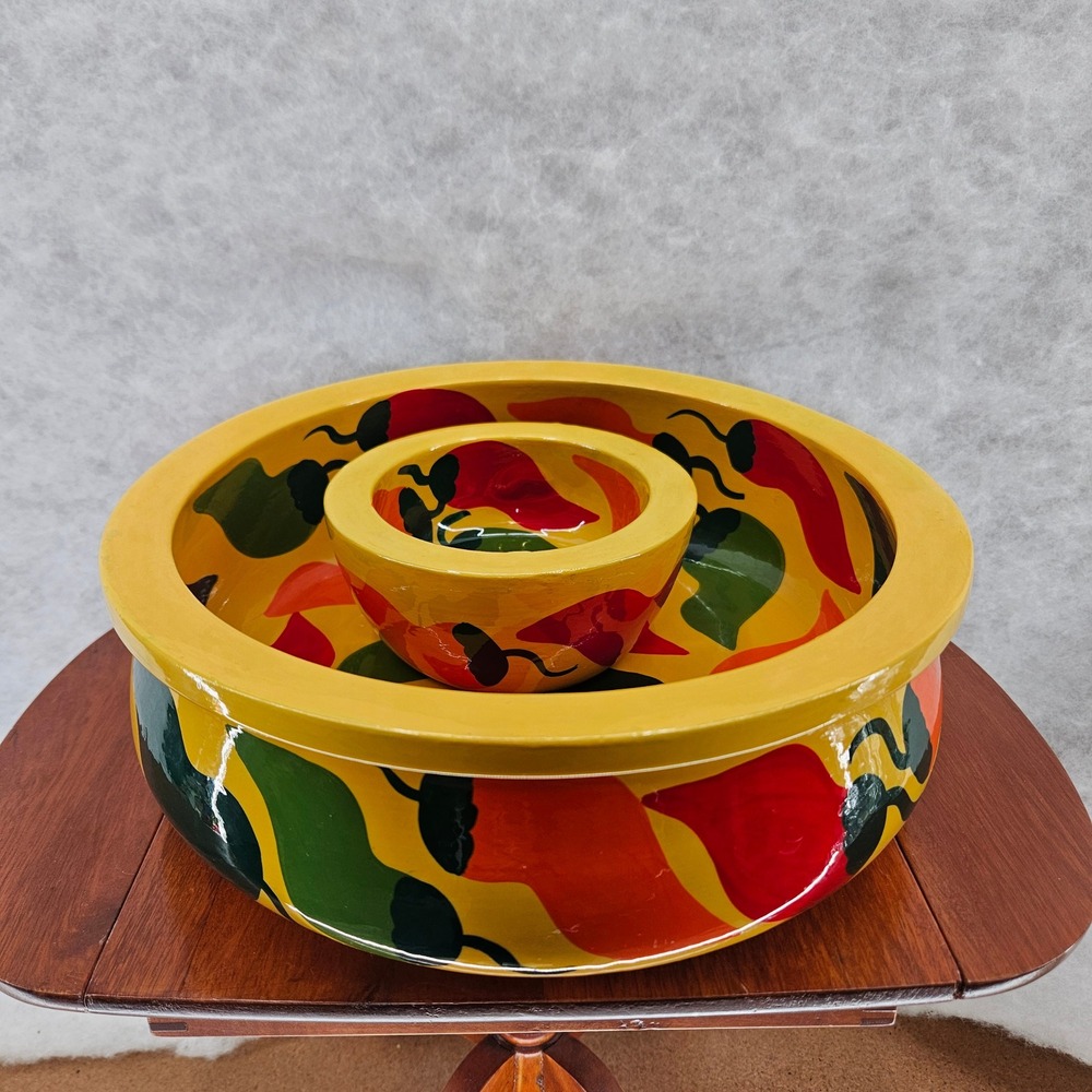Hand Painted‎ Chili Pepper Wooden Chip & Dip Bowl Set Yellow Southwestern Vtg